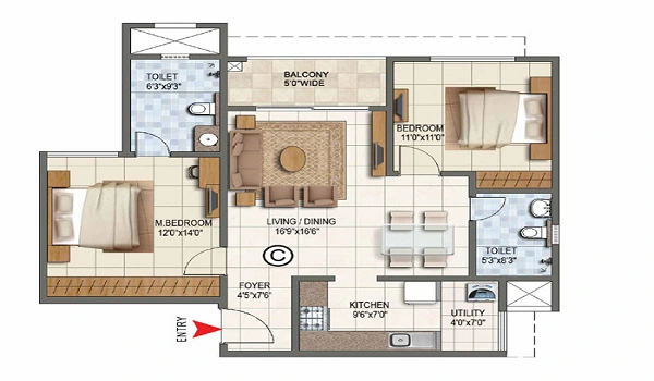 2 BHK 1,295 sq.ft. floor plan at Godrej Bannerghatta Road